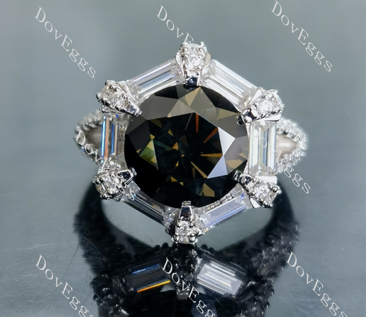 Doveggs 5ct round center deep black green halo pave split shank silver moissanite ring