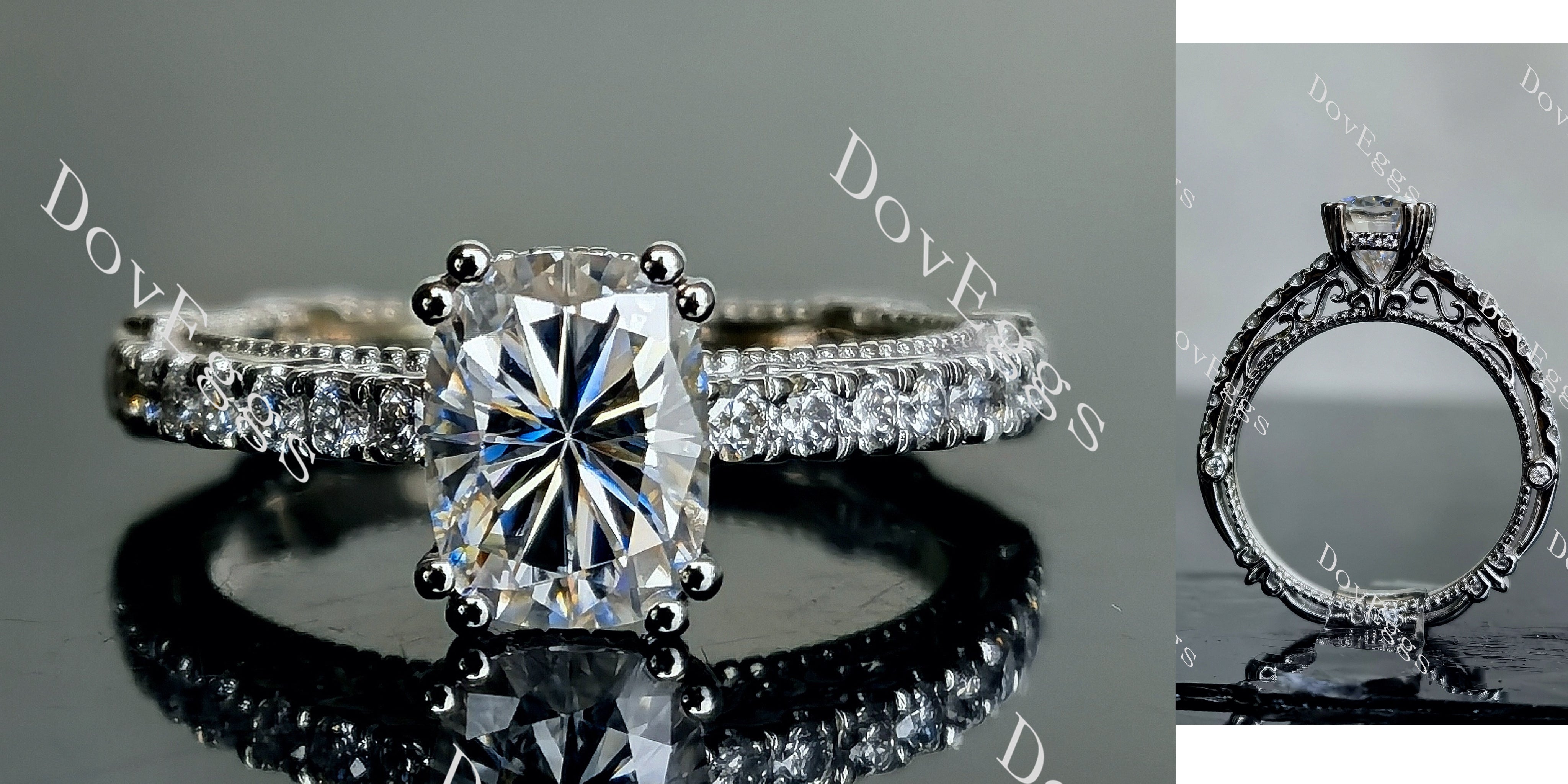 DovEggs 2ct (G-H-I) Color Cushion Pave Vintage moissanite Engagement R ...