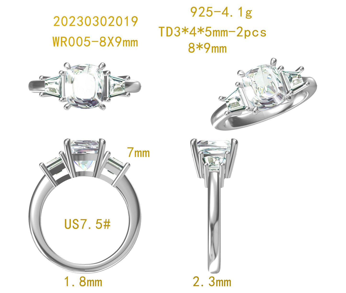 Doveggs 3ct OMC cut elongated cushion 3.43cttw G-H-I color three-stone sterling silver moissanite ring